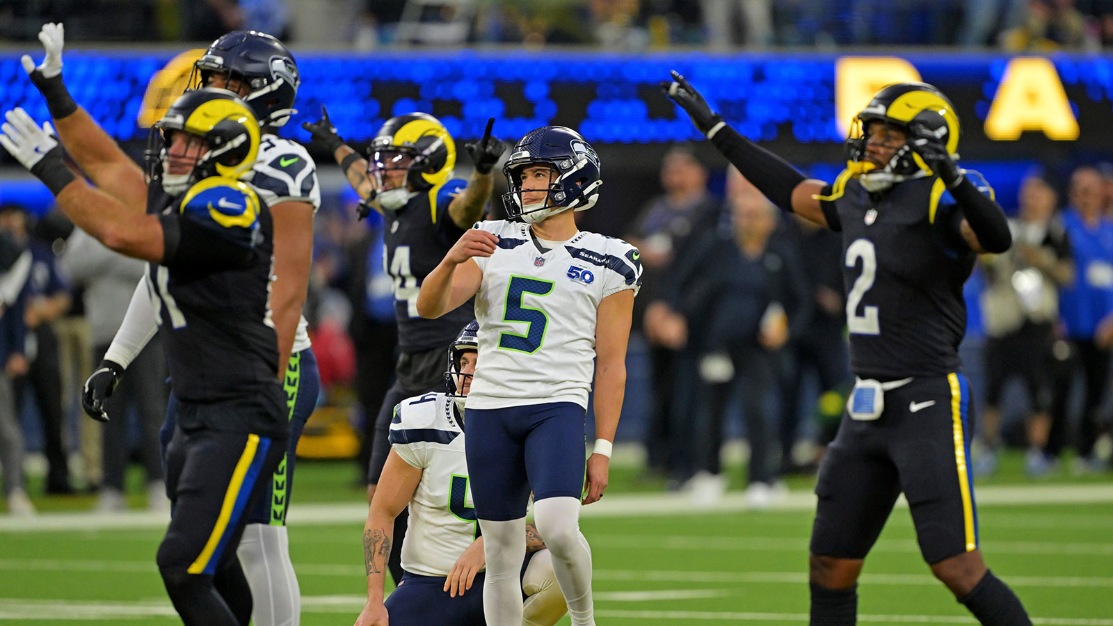 Seattle Seahawks place kicker Jason Myers (5) reacts after missing a field goal with one second left in the game against the Los Angeles Rams at SoFi Stadium.