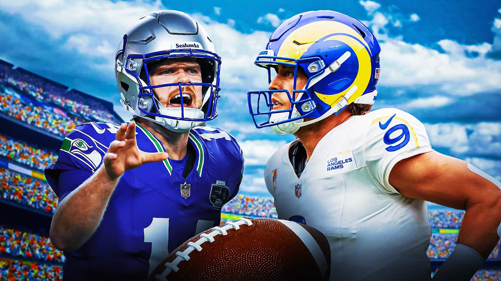 Sam Darnold on one side - Matthew Stafford on the other side - NFL arena in the background