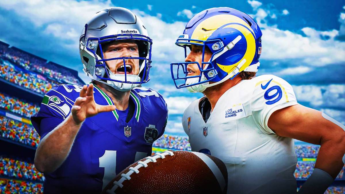 Sam Darnold on one side - Matthew Stafford on the other side - NFL arena in the background