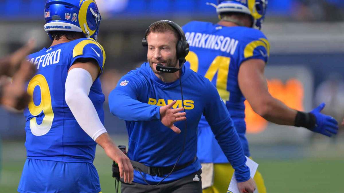 Los Angeles Rams head coach Sean McVay reacts with quarterback Matthew Stafford (9) after a touchdown against the New Orleans Saints during the first half at SoFi Stadium. Mandatory Credit: Jayne Kamin-Oncea-Imagn Images