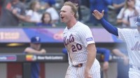 New York Mets first baseman Pete Alonso (20) reacts to hitting a walk off three run home run against the Texas Rangers during the tenth inning at Citi Field. Mandatory Credit: Gregory Fisher-Imagn Images