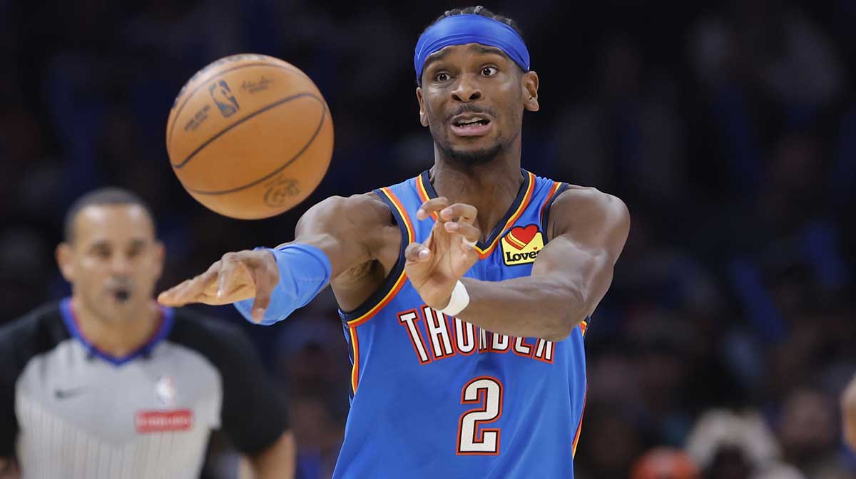 Oklahoma City Thunder guard Shai Gilgeous-Alexander (2) passes against the Washington Wizards during the second half at Paycom Center.