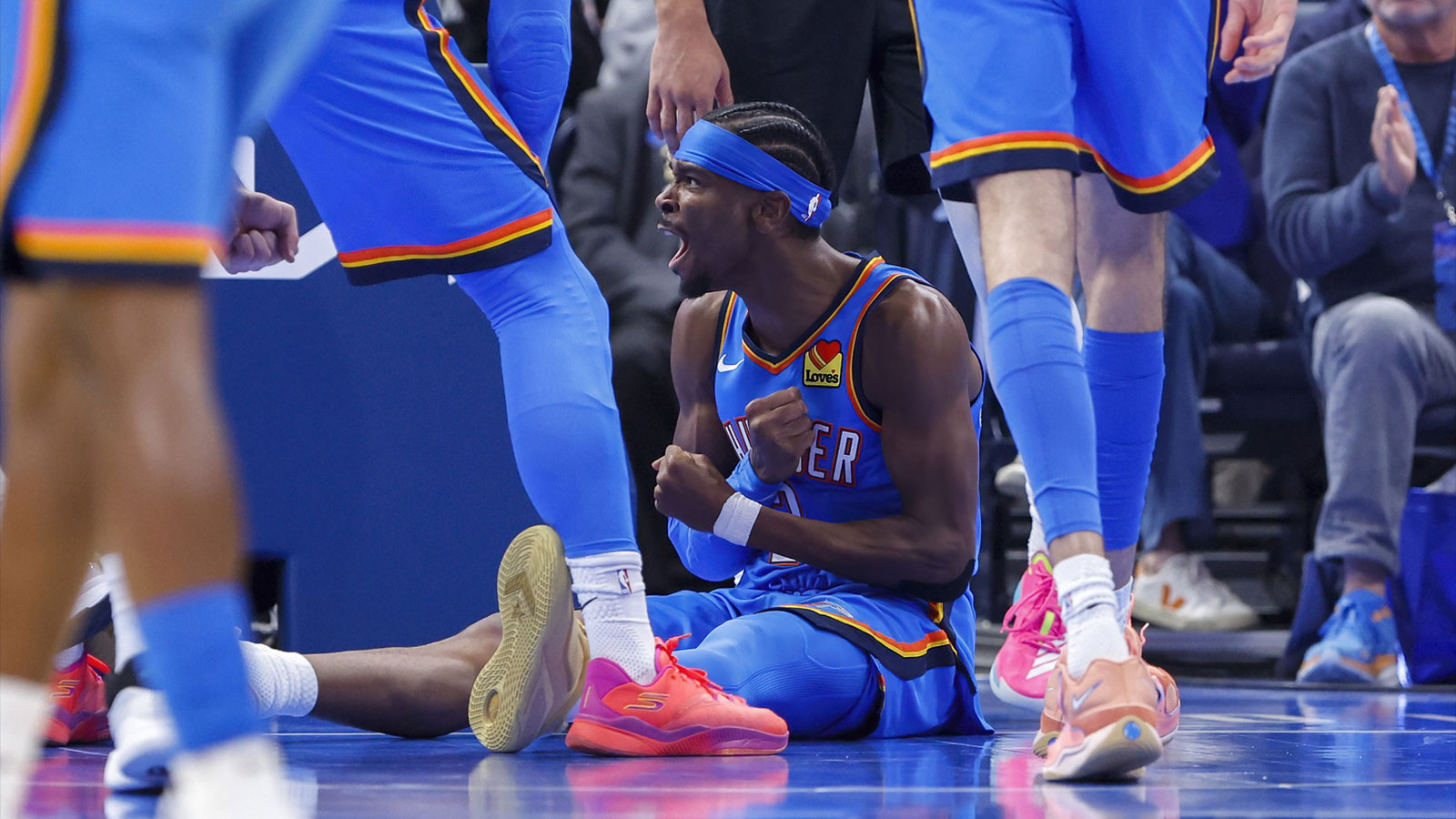  Oklahoma City Thunder guard Shai Gilgeous-Alexander (2) shouts and celebrates after a basket against the Portland Trail Blazers during the first quarter at Paycom Center. 