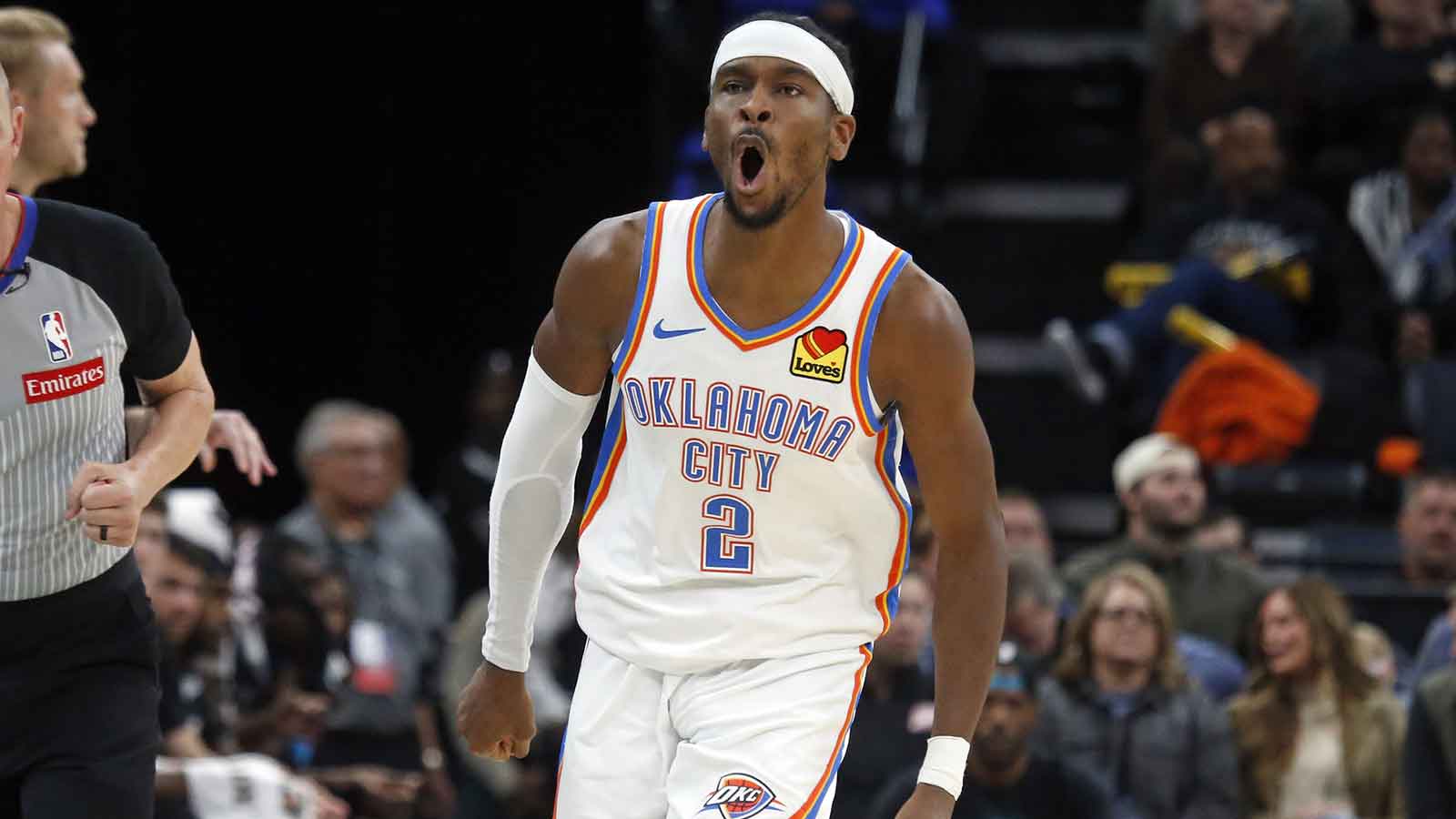 Oklahoma City Thunder guard Shai Gilgeous-Alexander (2) reacts after a three point basket during the fourth quarter against the Memphis Grizzlies at FedExForum. 
