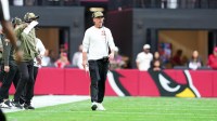 San Francisco 49ers head coach Kyle Shanahan looks on during the first half against the Arizona Cardinals at State Farm Stadium.