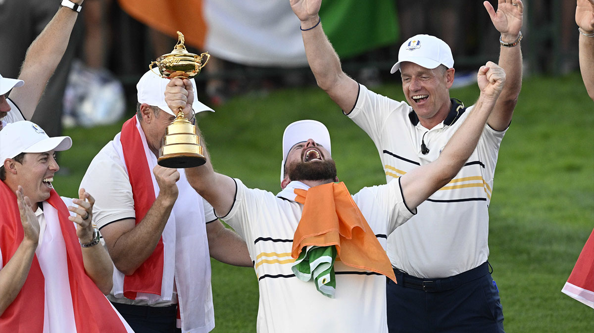 Sep 28, 2025; Bethpage, New York, USA; Shane Lowry during the trophy Ceremony for the Ryder Cup at Bethpage Black. Mandatory Credit: Dennis Schneidler-Imagn Images