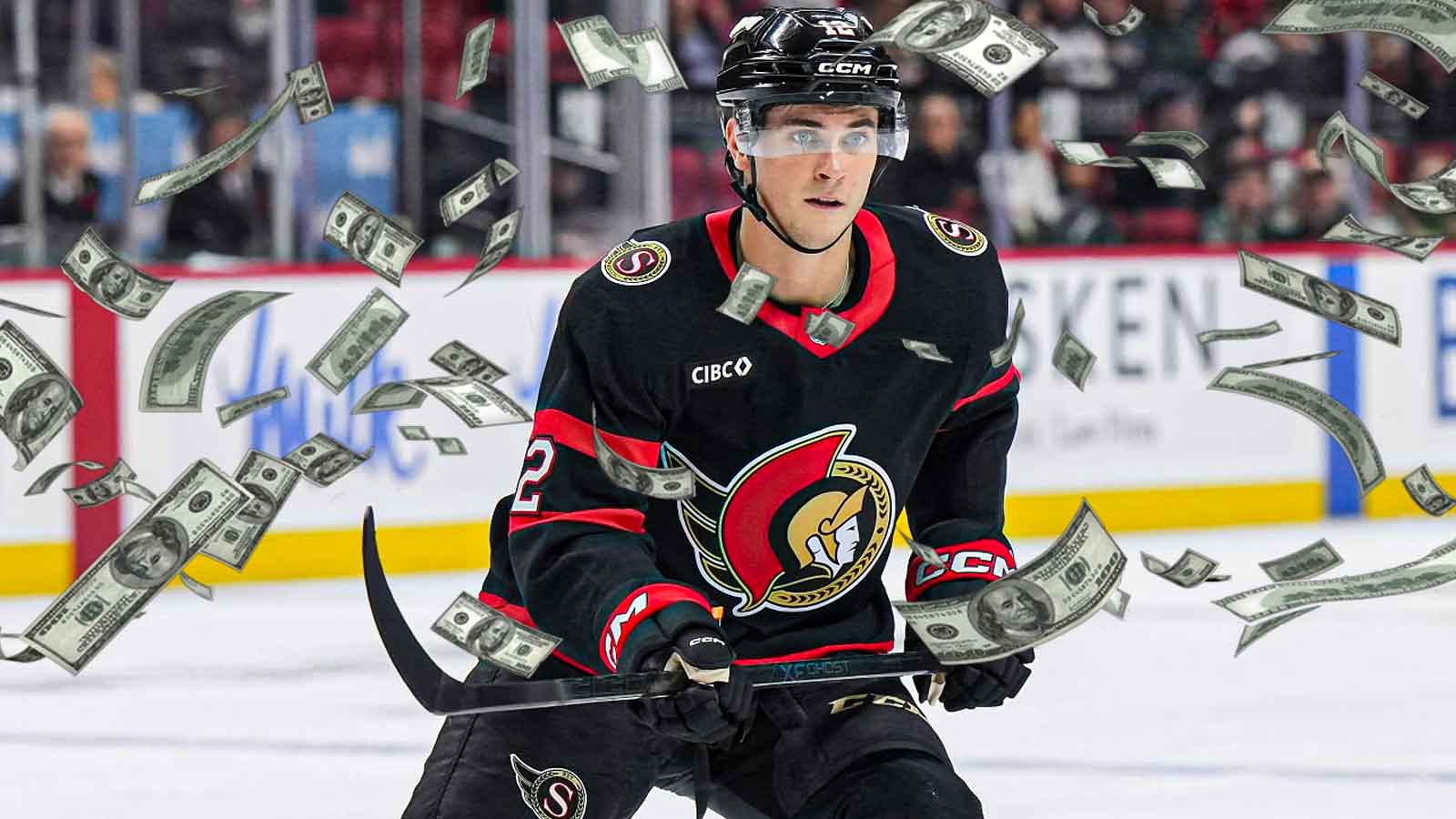 Ottawa Senators star Shane Pinto with money raining down around him.