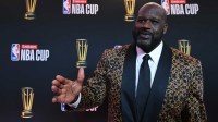Shaquille O'Neal arrives on the red carpet before the Emirates NBA Cup semifinal game at T-Mobile Arena.