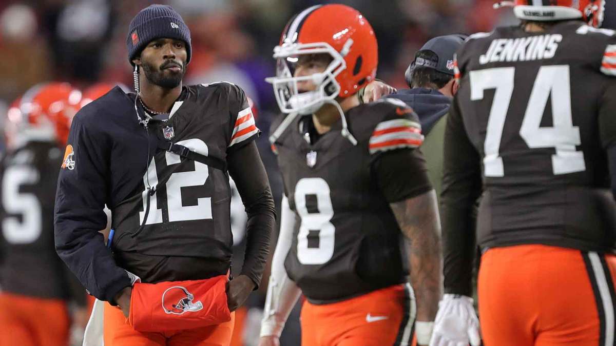 Cleveland Browns quarterback Shedeur Sanders (12) paces the sideline after quarterback Dillon Gabriel (8) failed to score on a drive during the first half of NFL football game against the Baltimore Ravens at Huntington Bank Field, Nov. 16, 2025, in Cleveland, Ohio.