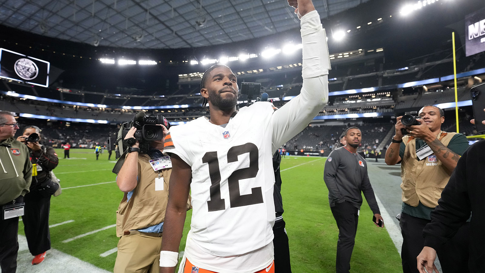 Cleveland Browns quarterback Shedeur Sanders (12) reacts at the end of the game against the Las Vegas Raiders at Allegiant Stadium.
