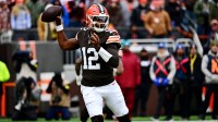 Cleveland Browns quarterback Shedeur Sanders (12) makes a pass during the first half against the San Francisco 49ers at Huntington Bank Field.