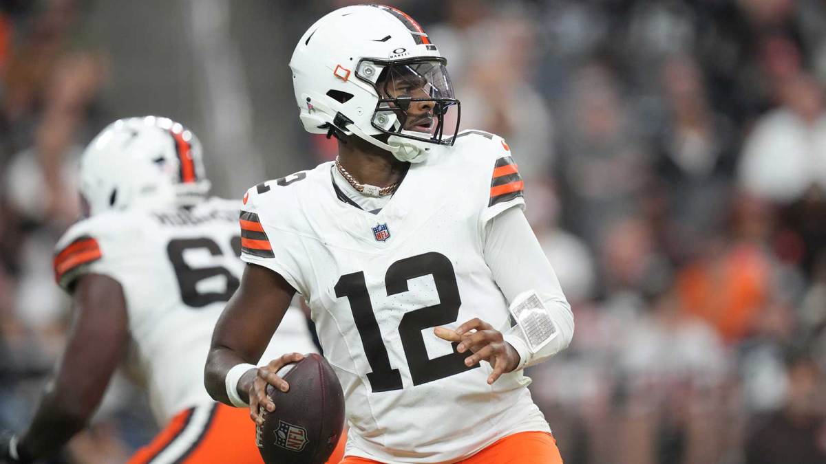 Nov 23, 2025; Paradise, Nevada, USA; Cleveland Browns quarterback Shedeur Sanders (12) passes against the Las Vegas Raiders in the first half at Allegiant Stadium.