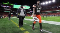 Cleveland Browns quarterback Shedeur Sanders (12) heads back to the locker room following a 23-16 loss to the Baltimore Ravens in his first NFL football game at Huntington Bank Field, Nov. 16, 2025, in Cleveland, Ohio.
