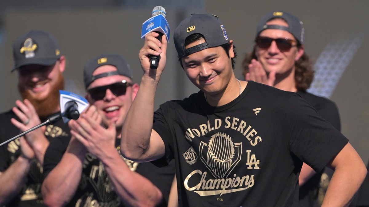 Los Angeles Dodgers designated hitter Shohei Ohtani (17) during the World Series celebration at Dodger Stadium.