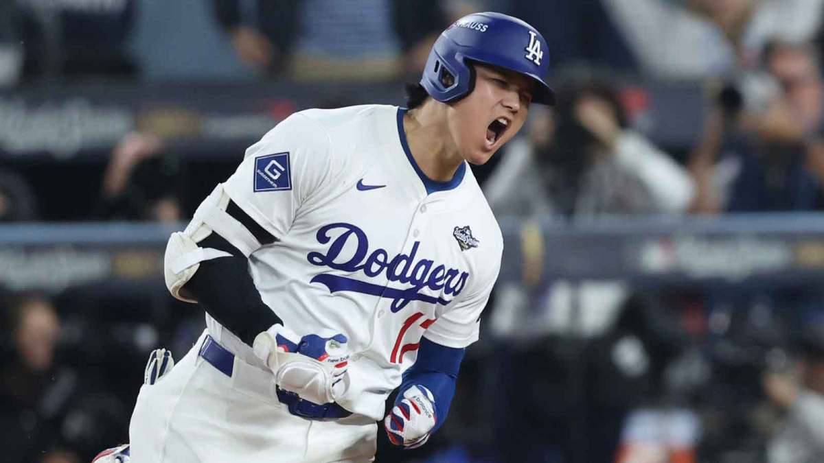 Los Angeles Dodgers designated hitter Shohei Ohtani (17) celebrates after hitting a home run during the seventh inning against the Toronto Blue Jays in game three of the 2025 MLB World Series at Dodger Stadium.