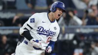 Los Angeles Dodgers designated hitter Shohei Ohtani (17) celebrates after hitting a home run during the seventh inning against the Toronto Blue Jays in game three of the 2025 MLB World Series at Dodger Stadium.