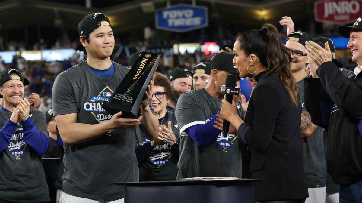 Los Angeles Dodgers two-way player Shohei Ohtani (17) is awarded the NLCS MVP after defeating the Milwaukee Brewers in game four of the NLCS round for the 2025 MLB playoffs at Dodger Stadium.