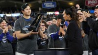 Los Angeles Dodgers two-way player Shohei Ohtani (17) is awarded the NLCS MVP after defeating the Milwaukee Brewers in game four of the NLCS round for the 2025 MLB playoffs at Dodger Stadium.