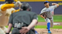 Chicago Cubs pitcher Shota Imanaga (18) pitches to Milwaukee Brewers catcher William Contreras (24) during the first inning of the National League Division Series game at American Family Field in Milwaukee, Wisconsin on Oct. 6, 2025.