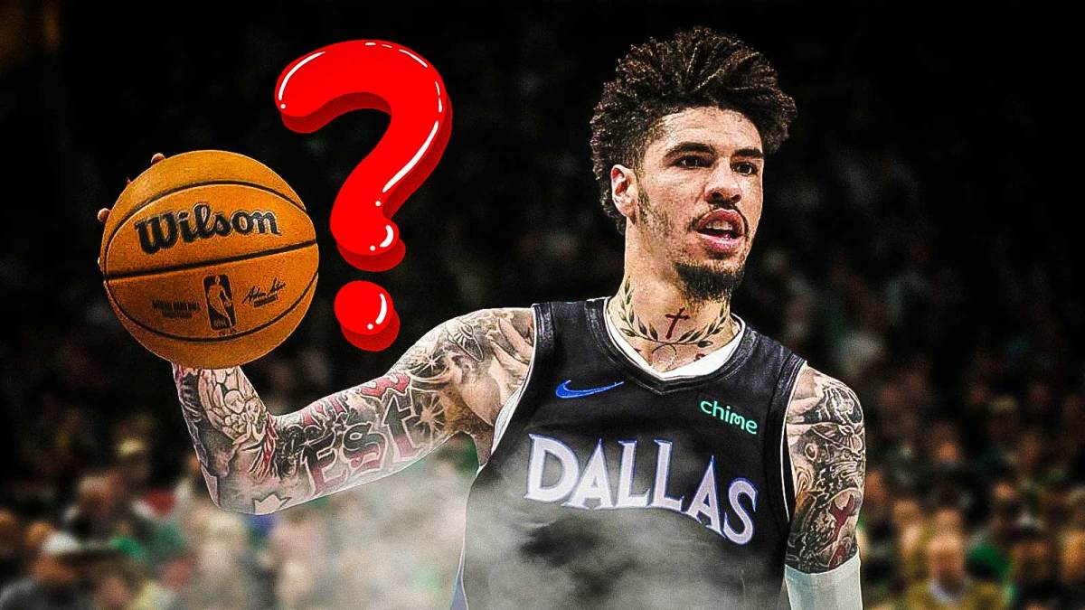 LaMelo Ball in a Dallas Mavericks jersey on the right. Place one big question mark on the left.