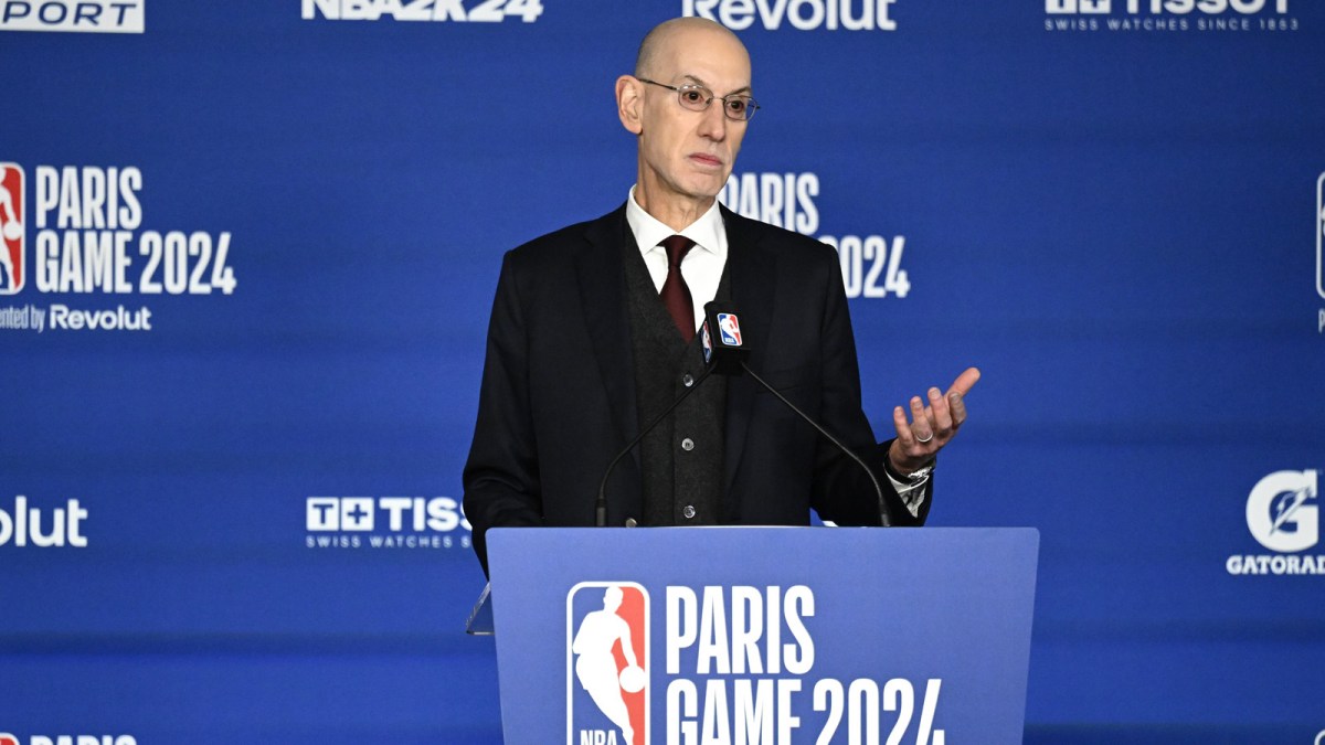 NBA commissioner Adam Silver speaks before a NBA Game between the Brooklyn Nets and the Cleveland Cavaliers at AccorHotels Arena.