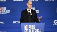 NBA commissioner Adam Silver speaks before a NBA Game between the Brooklyn Nets and the Cleveland Cavaliers at AccorHotels Arena.