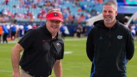 Georgia Bulldogs head coach Kirby Smart and Florida Gators head coach Billy Napier talk before the game before the first half at EverBank Stadium in Jacksonville, FL on Saturday, November 2, 2024