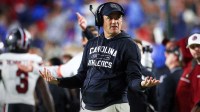 South Carolina Gamecocks head coach Shane Beamer reacts during the second quarter against the Mississippi Rebels at Vaught-Hemingway Stadium.