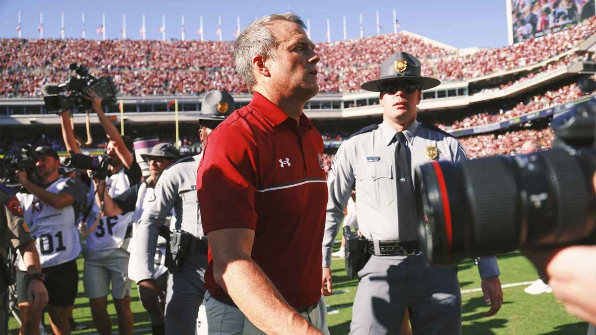 South Carolina Gamecocks head coach Shane Beamer walks off the field after the game against the Texas A&M Aggies at Kyle Field.