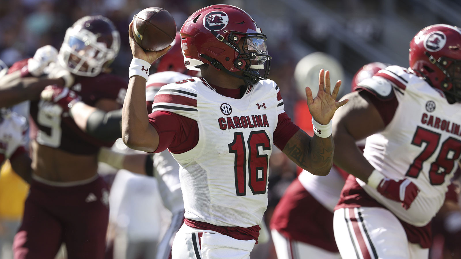 South Carolina Gamecocks quarterback Lanorris Sellers (16) rolls out of the pocket during the third quarter against the Texas A&M Aggies at Kyle Field. 