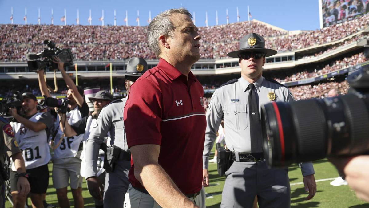 South Carolina Gamecocks head coach Shane Beamer walks off the field after the game against the Texas A&M Aggies at Kyle Field.