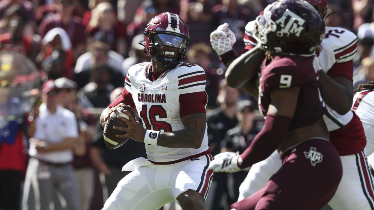 South Carolina Gamecocks quarterback Lanorris Sellers (16) looks for an open receiver during the second quarter against the Texas A&M Aggies at Kyle Field.