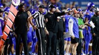 Boise State Broncos head coach Spencer Danielson gestures to the referee during the second half against the Washington State Cougars at Albertsons Stadium. Boise State defeats Washington State 45-24.