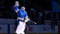 St. Louis Blues goaltender Jordan Binnington (50) salutes the fans after he was named first star of the game in a victory over the Calgary Flames at Enterprise Center.