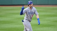 Chicago Cubs right fielder Kyle Tucker (30) reacts after hitting a double during the first inning against the Washington Nationals at Nationals Park.