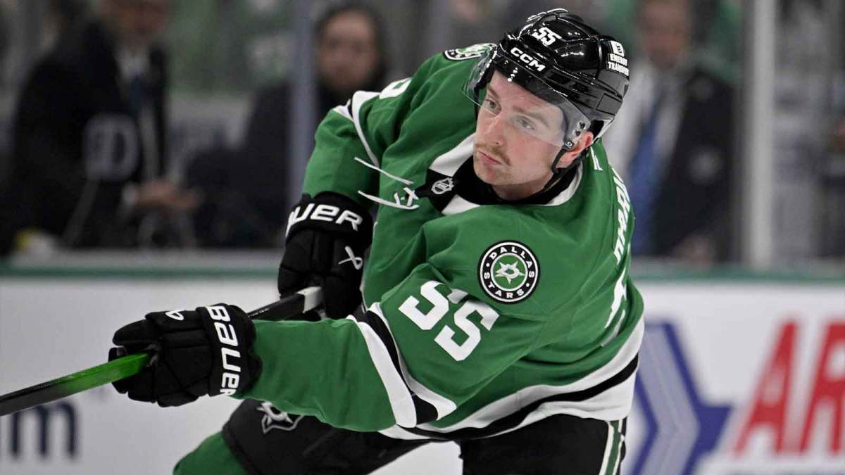 Dallas Stars defenseman Thomas Harley (55) shoots the puck in the Edmonton Oilers zone during the second period at the American Airlines Center.