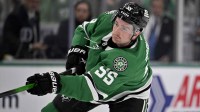 Dallas Stars defenseman Thomas Harley (55) shoots the puck in the Edmonton Oilers zone during the second period at the American Airlines Center.