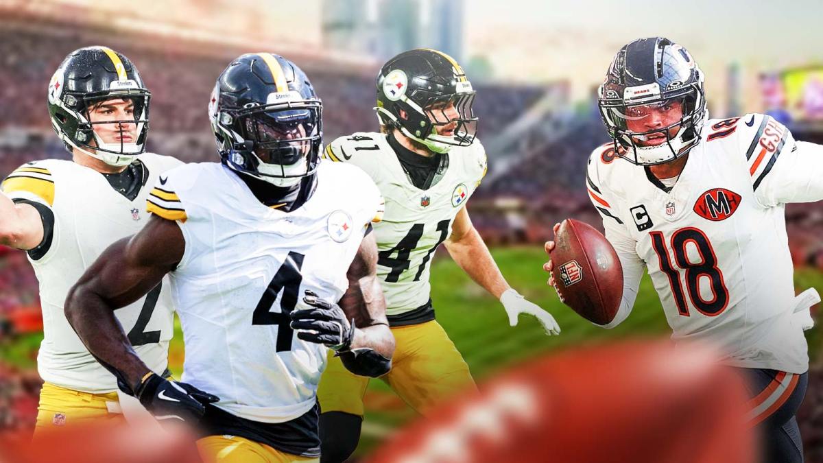 Mason Rudolph, coach DK Metcalf, Payton Wilson on one side, Caleb Williams on the other side, Soldier Field in the background