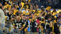 Pittsburgh Steelers fans react during the first half of the game between the Los Angeles Chargers and the Pittsburgh Steelers at SoFi Stadium.