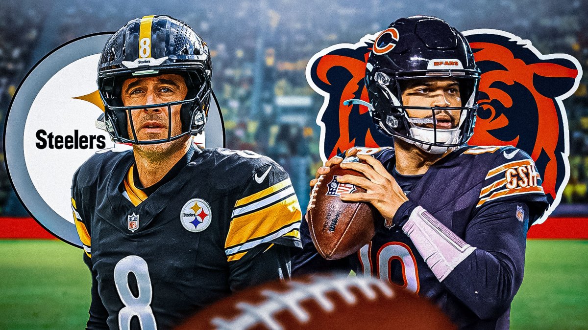 Aaron Rodgers on the left with Steelers logo behind him, Vs in the middle, Caleb Williams with the bears logo behind him on the right