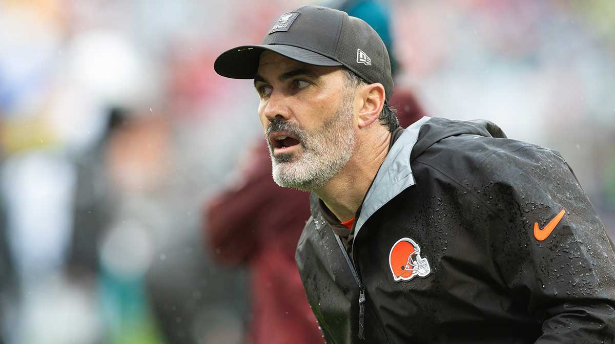 Cleveland Browns head coach Kevin Stefanski watches game play against the Miami Dolphins during the second quarter at Huntington Bank Field