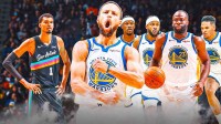 Steph Curry next to Victor Wembanyama, with Draymond, Moses Moody, Will Richard, and Jimmy Butler.