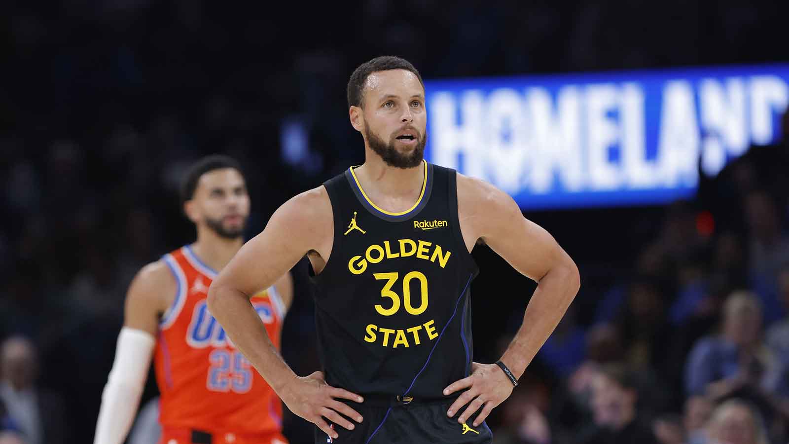 Golden State Warriors guard Stephen Curry (30) stands a play against the Oklahoma City Thunder during the second half at Paycom Center.