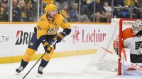 Nashville Predators center Steven Stamkos (91) skates behind the net against the Philadelphia Flyers during the first period at Bridgestone Arena.