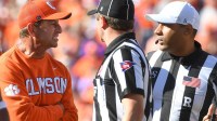 Clemson Tigers head coach Dabo Swinney talks to officials Saturday, Nov. 1, 2025, during the NCAA football game against the Duke Blue Devils at Memorial Stadium in Clemson, South Carolina.