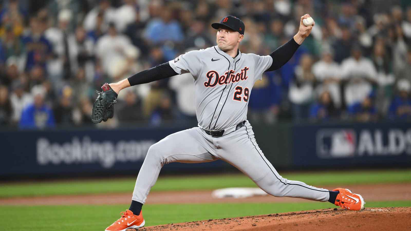 Detroit Tigers starting pitcher Tarik Skubal (29) throws against the Seattle Mariners during the third inning during game five of the ALDS round for the 2025 MLB playoffs at T-Mobile Park. 