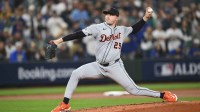 Detroit Tigers starting pitcher Tarik Skubal (29) throws against the Seattle Mariners during the third inning during game five of the ALDS round for the 2025 MLB playoffs at T-Mobile Park.