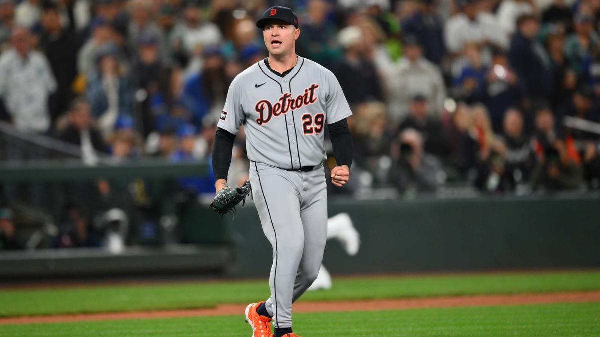 Detroit Tigers starting pitcher Tarik Skubal (29) reacts after striking out Seattle Mariners catcher Cal Raleigh (not pictured) during the sixth inning during game five of the ALDS round for the 2025 MLB playoffs at T-Mobile Park.