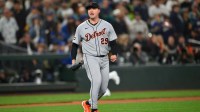 Detroit Tigers starting pitcher Tarik Skubal (29) reacts after striking out Seattle Mariners catcher Cal Raleigh (not pictured) during the sixth inning during game five of the ALDS round for the 2025 MLB playoffs at T-Mobile Park.