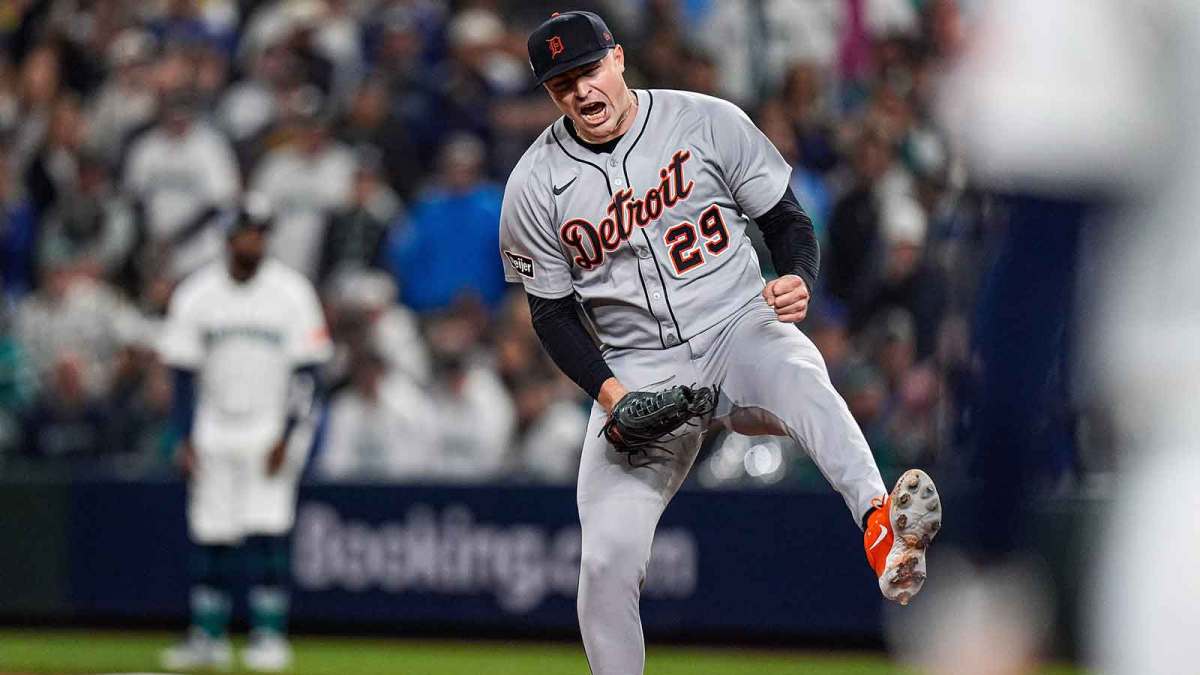 Tigers pitcher Tarik Skubal celebrates striking out Mariners catcher Cal Raleigh in the sixth inning of ALDS Game 5 at T-Mobile Park in Seattle on Friday, Oct. 10, 2025.
